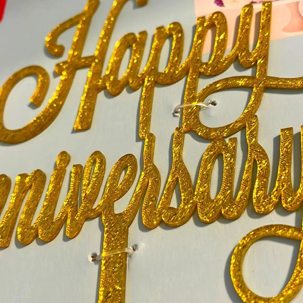 NIB Acrylic “Happy Anniversary” Glittery Gold Cake Topper